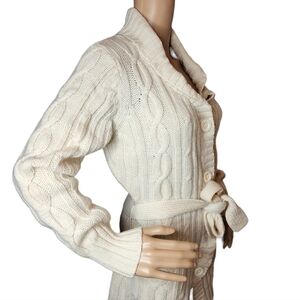 TCM wool-blend cream belted knit cardigan with pockets.